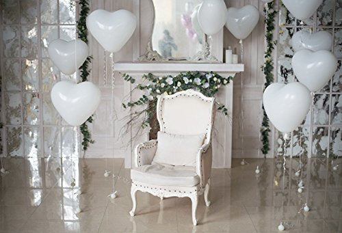 Baocicco 12x10ft Interior Wedding Decor Background White Heart Shaped Hydrogen Balloons Modern Decor Living Room Fireplace Chair On Bright Floor Backdrops Valentines