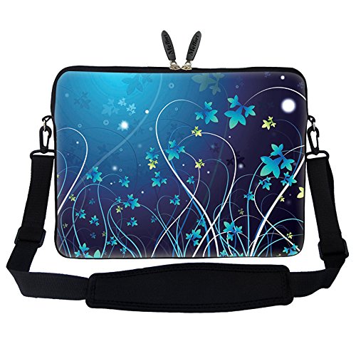 Neoprene Laptop Sleeve Bag with Hidden Handle & Adjustable Shoulder Strap for 17 17.3 inch Notebook - Blue Swirl Flower Design