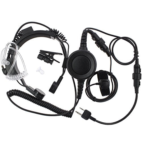TENQ Military Tactical Throat Mic Headset Earpiece with Big Finger PTT for 2 Two Way Radio Midland Alan LXT80 LXT305 LXT340 LXT480