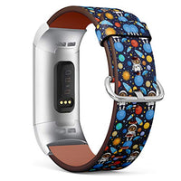Replacement Leather Strap Printing Wristbands Compatible with Fitbit Charge 3 / Charge 3 SE - Space Dog and Galaxy Planets Pattern