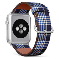 Compatible with Apple Watch Series 5, 4, 3, 2, 1 (Small Version 38/40 mm) Leather Wristband Bracelet Replacement Accessory Band + Adapters - Plaid Check Navy Cobalt