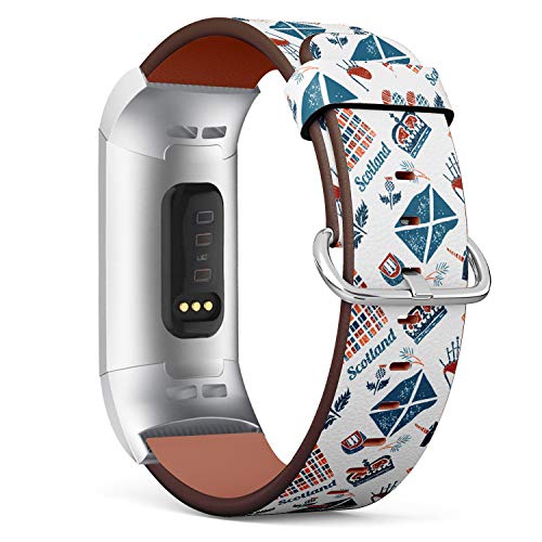 Replacement Leather Strap Printing Wristbands Compatible with Fitbit Charge 3 / Charge 3 SE - Scotish Symbols on White Background