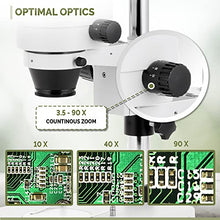 Load image into Gallery viewer, AmScope SM-1TSZZ-144S-5M Digital Professional Trinocular Stereo Zoom Microscope, WH10x and WH20x Eyepieces, 3.5X-180X Magnification, 0.7X-4.5X Zoom Objective, 144-Bulb LED Ring Light, Pillar Stand, 11

