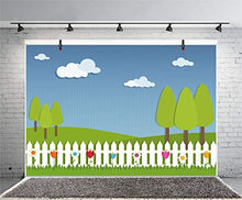 Load image into Gallery viewer, AOFOTO 6x4ft Cartoon Spring Backdrop White Clouds Dence Flowers Pine Trees Green Grassland Photography Background Children Kids Baby Portraits Shooting Kindergarten Wallpaper Photo Booth Prop
