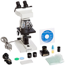 Load image into Gallery viewer, AmScope B100B-5M Digital Compound Binocular Microscope, 40X-2000X Magnification, Brightfield, Tungsten Illumination, Abbe Condenser, Plain Stage, Includes 5MP Camera with Reduction Lens and Software
