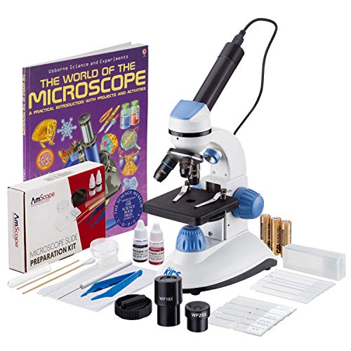 IQCrew by AmScope M50C-B14-WM-E1 40X-1000X Dual Illumination Microscope (Blue) with 1.3MP Digital Eyepiece, Slide Prep Kit and Book