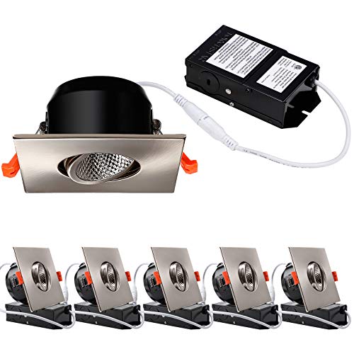 TORCHSTAR 3 Inch Gimbal LED Recessed Light, 10%-100% Dimmable, 7W=50W, CRI 90+, 5000K Daylight, ETL & Energy Star Certified, Satin Nickel, Square, 120V, Pack of 6