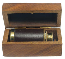 Load image into Gallery viewer, RedSkyTrader 6&quot; Handheld Brass Pirate Telescope - Brown Leather Handle and Wood Box
