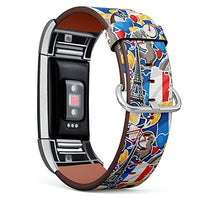 Replacement Leather Strap Printing Wristbands Compatible with Fitbit Charge 2 - French Traditional Sticker Symbols and Objects