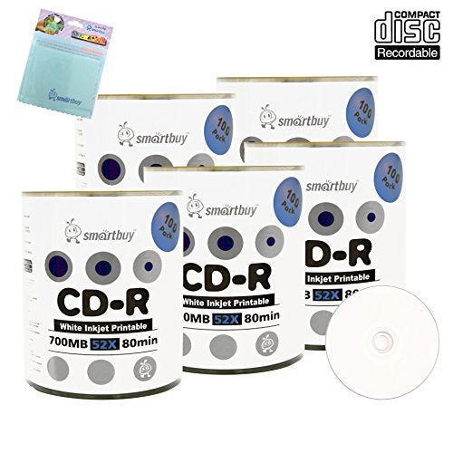 Smartbuy 500-disc 700mb/80min 52x CD-R White Inkjet Hub Printable Recordable Disc + Free Micro Fiber Cloth
