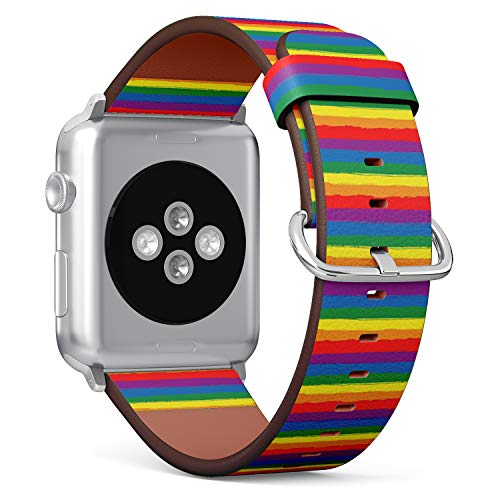 Compatible with Small Apple Watch 38mm, 40mm, 41mm (All Series) Leather Watch Wrist Band Strap Bracelet with Adapters (Rainbow Striped LGBT)