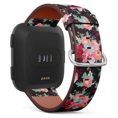 Replacement Leather Strap Printing Wristbands Compatible with Fitbit Versa - Vintage Floral Pattern