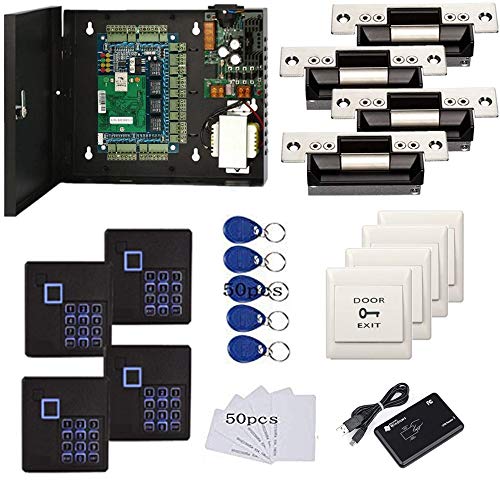 4 Doors Complete TCP/IP RFID Access Control Systems with North American Standard Electric Strike for Latch Doors Keypad Reader 110V Power Supply Box Phone APP Remote Open Door