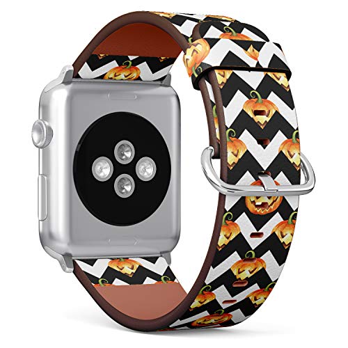 S-Type iWatch Leather Strap Printing Wristbands for Apple Watch 4/3/2/1 Sport Series (42mm) - Halloween Pattern with Cartoon Pumpkins on Zigzag