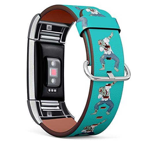 Replacement Leather Strap Printing Wristbands Compatible with Fitbit Charge 2 - Zombie Dancing Dab Step on Turquoise Background