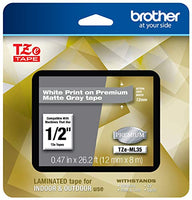 Brother P-Touch TZe-ML35 White Print on Premium Matte Gray Laminated Tape 12mm (0.47) wide x 8m (26.2) long, TZEML35