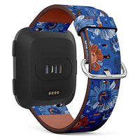 Replacement Leather Strap Printing Wristbands Compatible with Fitbit Versa - Daisy Floral Pattern on Blue Background