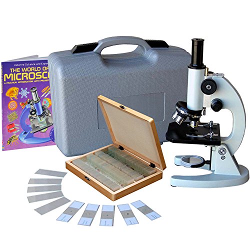 AmScope M60C-ABS-PS100-WM Beginner Microscope Kit, Mirror Illumination, WF10x and WF20x Eyepieces, 40x-1000x Magnification, Includes Case, Set of 100 Prepared Slides, and Book