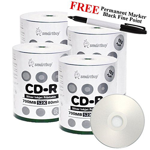 Smartbuy 400-disc 700mb/80min 52x CD-R Silver Inkjet Hub Printable Blank Media Disc + Black Permanent Marker