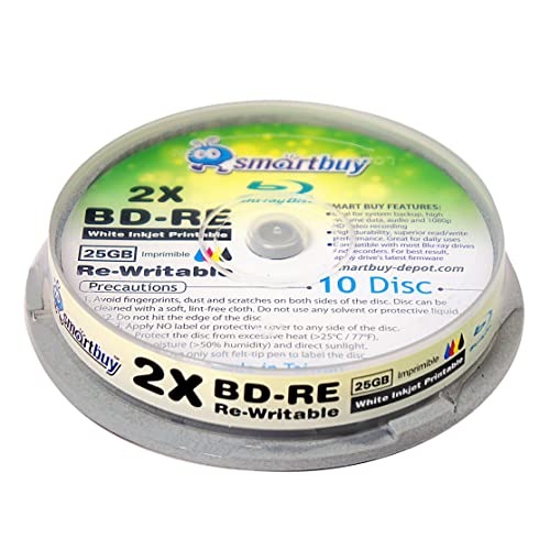 100 Pack Smartbuy 2X 25GB Blue Blu-ray BD-RE Rewritable White Inkjet Hub Printable Blank Bluray Disc