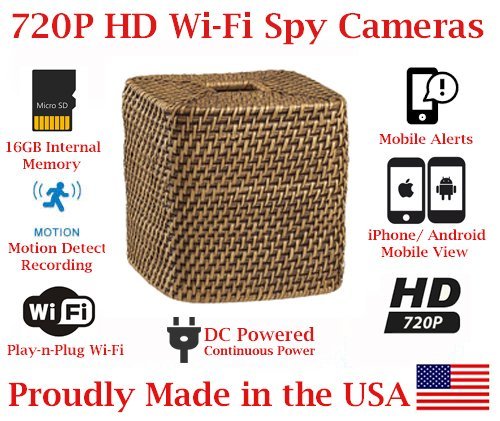 SecureGuard 720p HD WiFi Wireless IP Wicker Tissue Box Hidden Security Nanny Cam Spy Camera with 16GB Memory