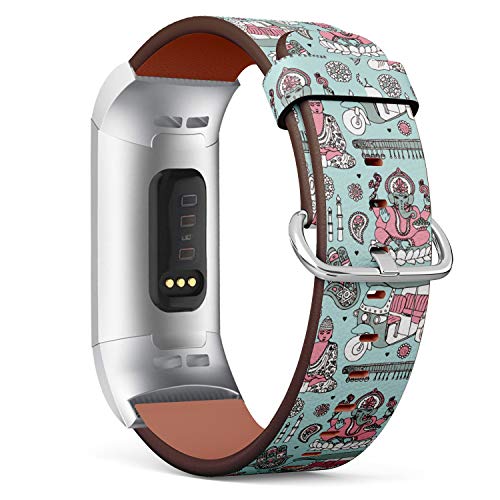 Replacement Leather Strap Printing Wristbands Compatible with Fitbit Charge 3 / Charge 3 SE - Ganesha Sitar Buddha and taj Mahal Travel Icons of India