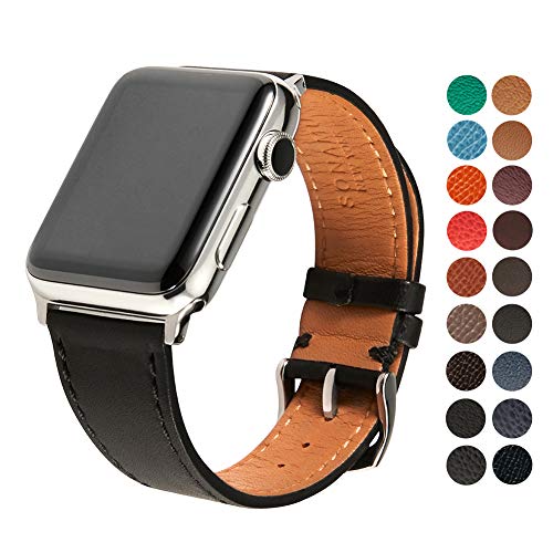 SONAMU New York Compatible with Apple Watch Band 42mm, Premium French Barenia Leather Strap with Stainless Steel Buckle, Black