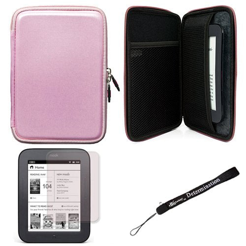Pink Carbon Fiber Durable Slim Protective Eva Storage Cover Cube Carrying Case with Mesh Pocket for Barnes and Noble Nook Simple Touch eBook Reader BNRV300 and Screen Protector and Hand Strap
