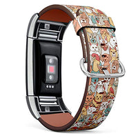 Replacement Leather Strap Printing Wristbands Compatible with Fitbit Charge 2 - Doodle Style Cartoon Cats and Dogs Pattern