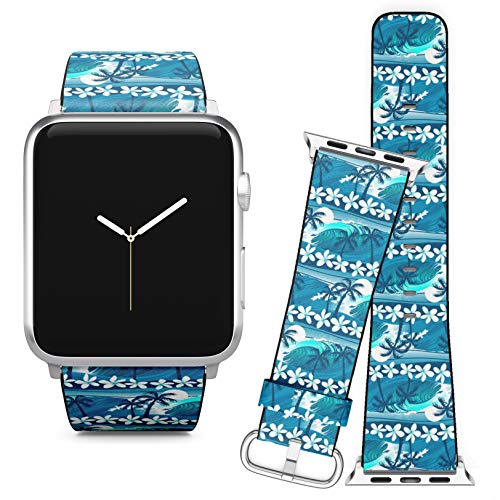 Compatible with Apple Watch (38/40 mm) Series 5, 4, 3, 2, 1 // Leather Replacement Bracelet Strap Wristband + Adapters // Blue Tropical Surfing Palm Trees