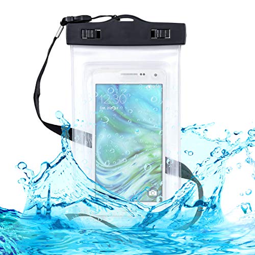 kwmobile Universal Waterproof Smartphone Pouch - Watertight Sealed Underwater Dry Bag with Lanyard - 6.5 x 3.7 inches (16.5 x 9.5 cm) - Black/Transparent