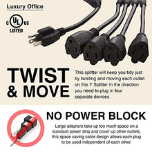 Load image into Gallery viewer, 4 Way Power Splitter  1 to 4 Cable Strip with 3 Pronged Outlet and 3&quot; to 12 &quot; Foot Y Style Extension Cord  Black - SJT 16 AWG  by Luxury Office (5 Pack, 1.5&#39; Extension Cord)
