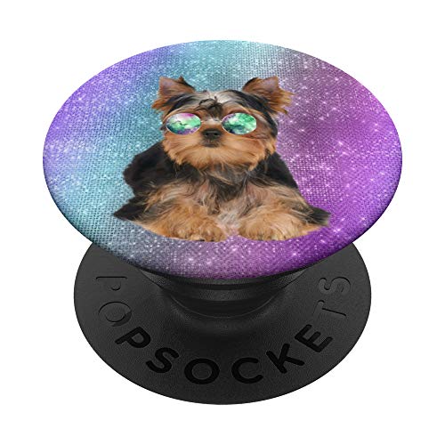 Yorkshire funny yorkie puppy dog glasses glalaxy background PopSockets Grip and Stand for Phones and Tablets