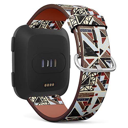 Replacement Leather Strap Printing Wristbands Compatible with Fitbit Versa - Geometric African Pattern with Fitbit Ethnic Ornament