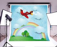 Load image into Gallery viewer, Leowefowa 5X5FT Kids&#39; 1st Birthday Backdrop Toys Airplane Rainbow Blue Sky White Cloud Cartoon Backdrops for Photography Trees Green Grass Hill Dots Vinyl Photo Background Boys Girls Studio Props
