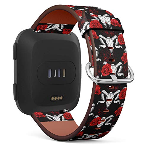 Replacement Leather Strap Printing Wristbands Compatible with Fitbit Versa - Ram Skull and red Roses on a Black Background