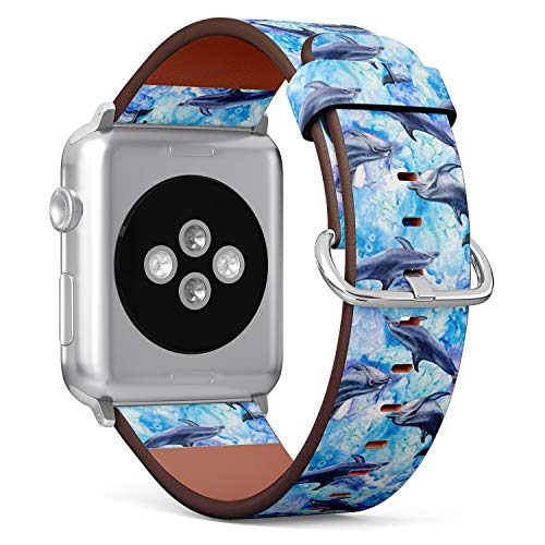 Compatible with Big Apple Watch 42mm, 44mm, 45mm (All Series) Leather Watch Wrist Band Strap Bracelet with Adapters (Sea Blue Dolphins)