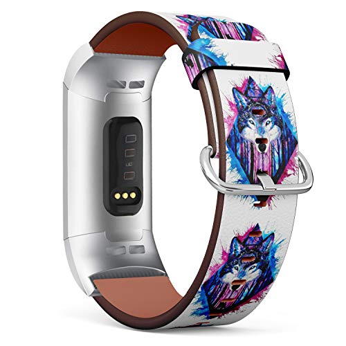 Replacement Leather Strap Printing Wristbands Compatible with Fitbit Charge 3 / Charge 3 SE - Watercolor Wolf On Background of Compatible with Fitbitest