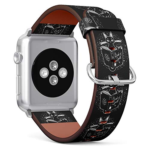 S-Type iWatch Leather Strap Printing Wristbands for Apple Watch 4/3/2/1 Sport Series (42mm) - Funny Cat Reading a Magic Book
