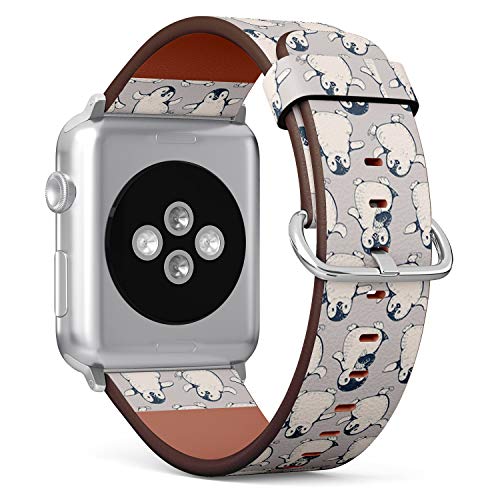 Compatible with Big Apple Watch 42mm, 44mm, 45mm (All Series) Leather Watch Wrist Band Strap Bracelet with Adapters (Monochrome Cute Penguins)