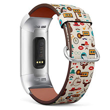 Load image into Gallery viewer, Replacement Leather Strap Printing Wristbands Compatible with Fitbit Charge 3 / Charge 3 SE - Hipster Pattern Illustrations of Hats, Glasses, Lips
