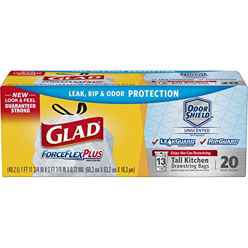 Glad ForceFlex Drawstring Tall Kitchen Trash Bags, Unscented, 13 Gallon, 20 Count (Pack of 6)