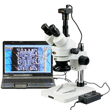 Load image into Gallery viewer, AmScope SM-1TSZ-144 Professional Trinocular Stereo Zoom Microscope, WH10x Eyepieces, 3.5X-90X Magnification, 0.7X-4.5X Zoom Objective, 144-Bulb LED Ring Light, Pillar Stand, Includes 0.5X and 2.0X Bar
