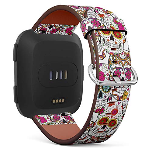 Replacement Leather Strap Printing Wristbands Compatible with Fitbit Versa - Sugar Skulls Pattern