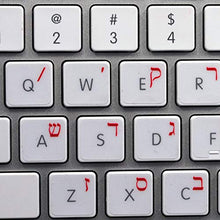 Load image into Gallery viewer, HEBREW APPLE KEYBOARD STICKERS WITH RED LETTERING ON TRANSPARENT BACKGROUND FOR DESKTOP, LAPTOP AND NOTEBOOK
