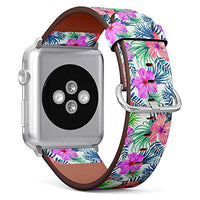 Compatible with Apple Watch Series 5, 4, 3, 2, 1 (Small Version 38/40 mm) Leather Wristband Bracelet Replacement Accessory Band + Adapters - Tropical Floral Hibiscus