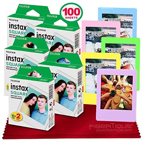 Fujifilm instax Square Instant Film (100 Exposures) Compatible with FujiFilm Instax Square SQ6, SQ10 and SQ20 Instant Cameras + 5 Color Picture Frames + FiberTique Cleaning Cloth