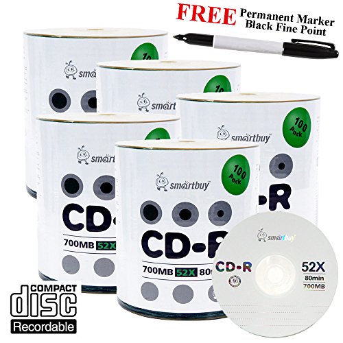 Smartbuy 500-disc 700mb/80min 52x CD-R Logo Top Blank Recordable Disc + Black Permanent Marker