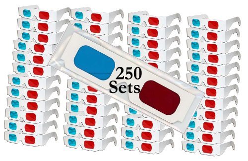 3D Red/Cyan Pro-Ana(TM) Anaglyph Cardboard Glasses - 250 Pair FOLDED - White Frame