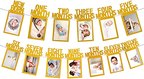 Whaline 1st Birthday Baby Photo Banner for Newborn to 12 Months, Monthly Milestone Photograph Bunting Garland, First Birthday Celebration Decoration (Gold)
